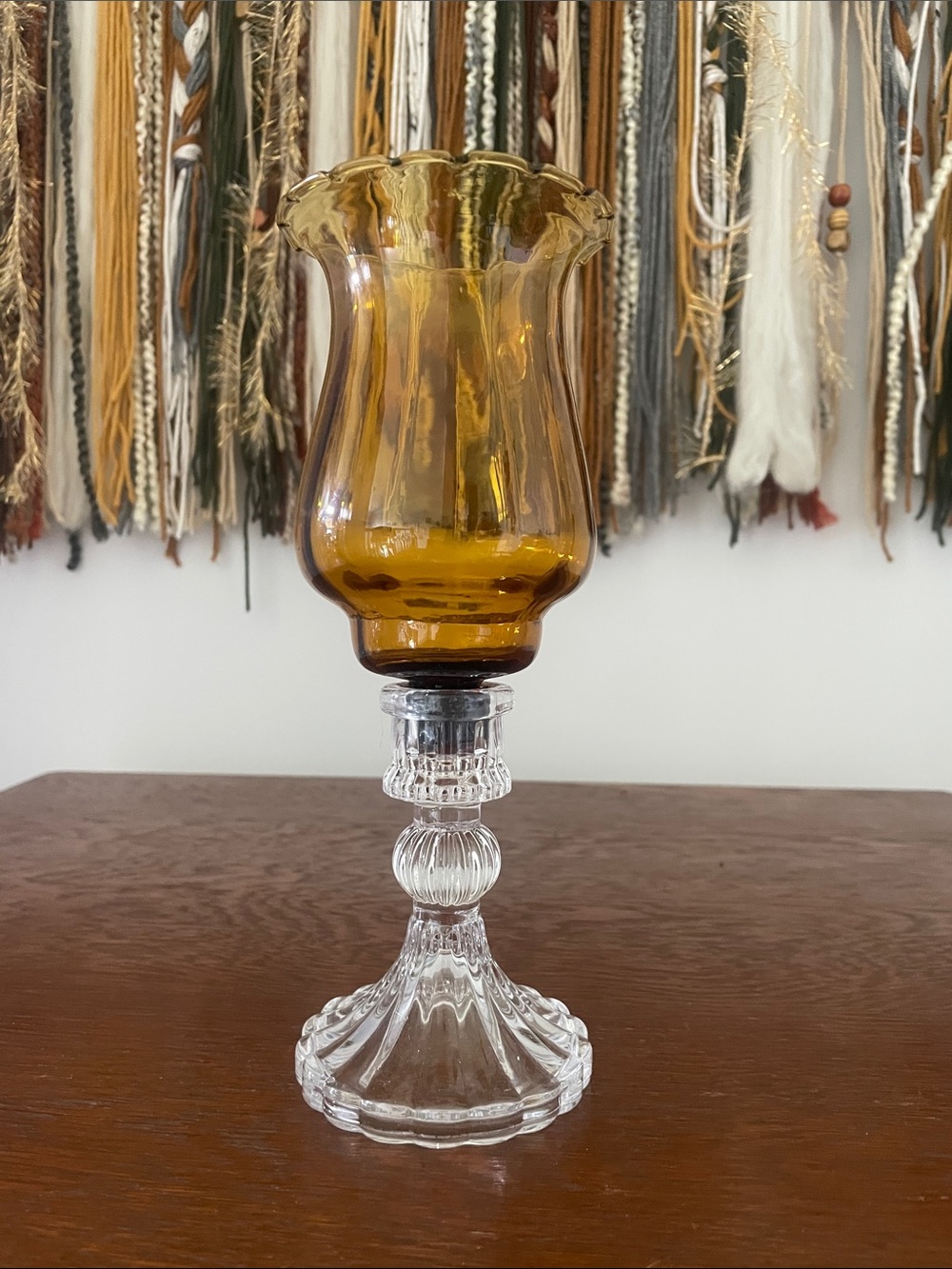 Amber Glass Candle Holder with Clear Crystal Stem - Home Accents